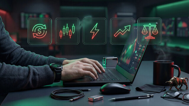 Stock trader using laptop with green and red holographic finance icons, dark fintech dashboard background for currency exchange, market growth, investment strategy and trading analytics