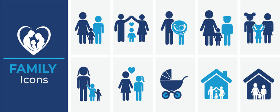 Colorful flat family icons set depicting parents and children vector illustration
