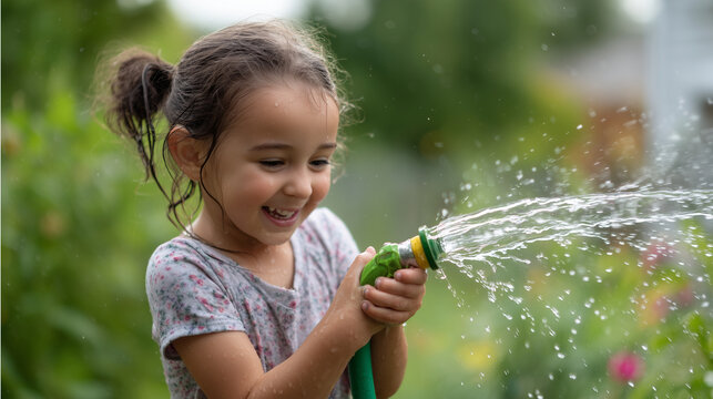 Happy child girl spraying water with a garden hose. Childhood concept