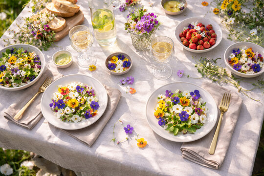Elegant salad with edible flowers on a beautifully set table