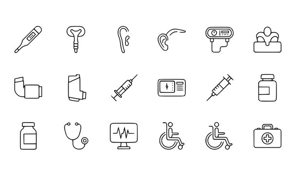 Medical devices linear icons set with thermometer pulse oximeter hearing amplifier and healthcare outline symbols