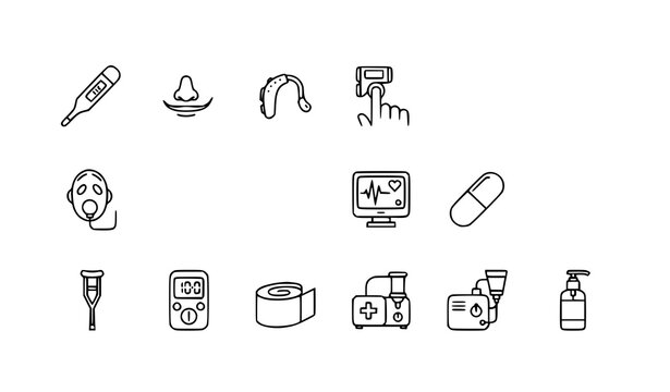 Thin line medical equipment icons collection with digital thermometer hearing aid and pulse oximeter vector illustrations
