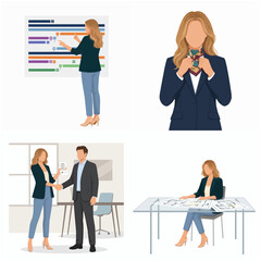 Professional Businesswoman Vector Illustration Set: Office Work, Project Planning, Deal Closing, and Blueprint Review © Kiko