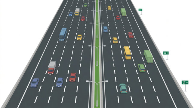 Busy multi-lane highway with cars and trucks in motion.
