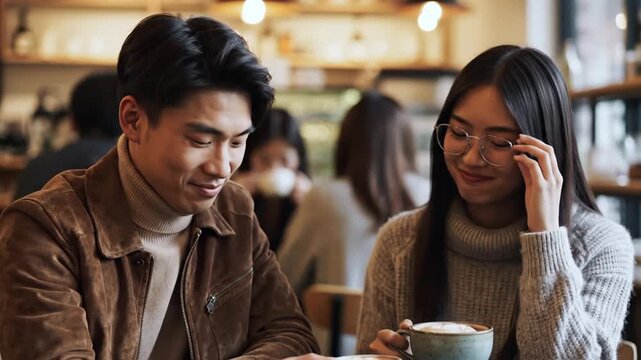 Happy Asian couple conversing over coffee in a cafe