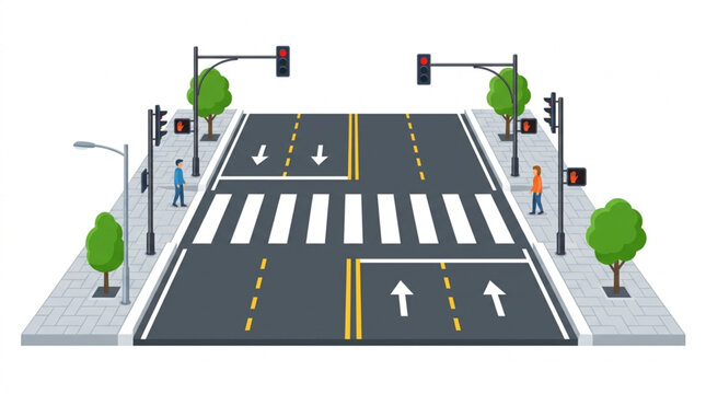 City Street Intersection with Pedestrian Crossing and Traffic Lights.