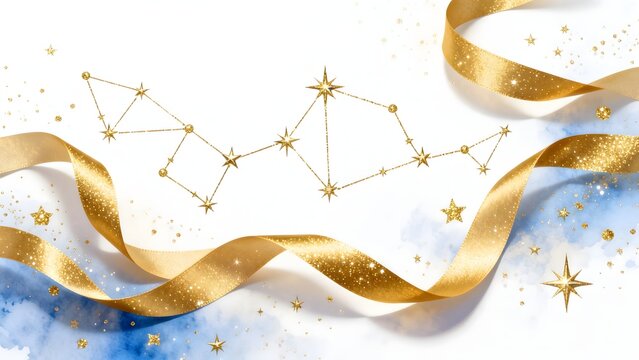 Golden star ribbons on blue white background