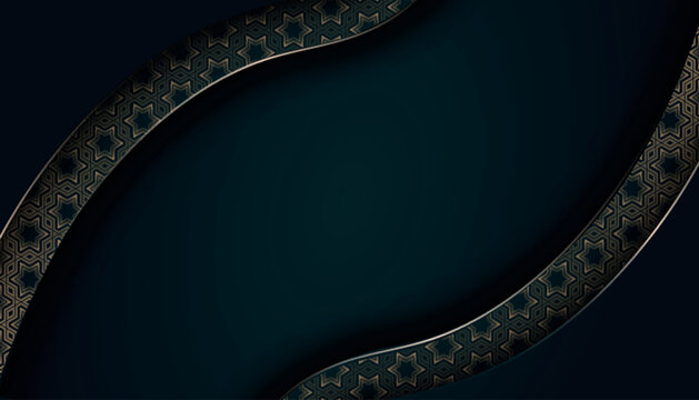 Dark green abstract background with elegant overlapping layers. Luxurious design with sparkling gold line elements. Modern concept with empty space for text. EPS. 5