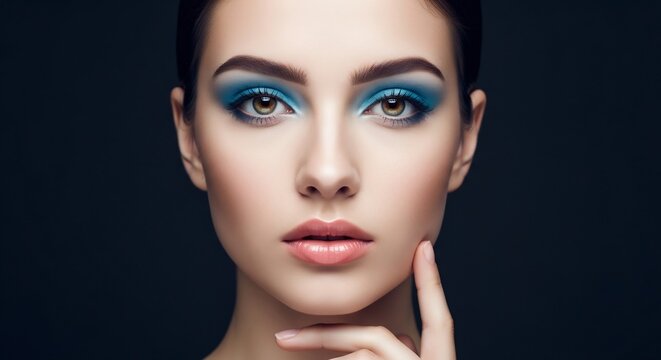 Beautiful Woman With Vibrant Blue Eyeshadow Makeup.
