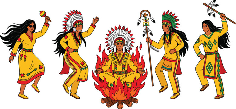 Cartoon Indigenous People in Traditional Clothing Participating in Ceremonial Dance and Rituals Around a Fire