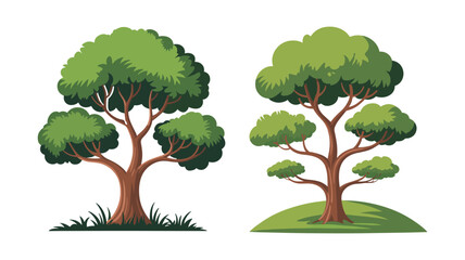 Two stylized trees with green foliage and brown trunks isolated on white background leaves © Abdus Salam