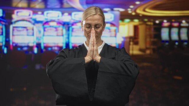 Judge woman in black robe presses palms together in prayer, eyes closed, glasses and ring visible, standing before slot machines inside a gaming building; contemplation.