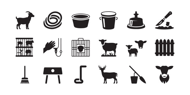 Livestock and Farming Tool Silhouette Icons Set for Agricultural Design