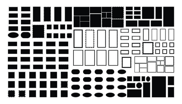 Big set of rectangle shape frame with zigzag edge.  Black post stamp frames and borders. Geometric zig zag wavy edge frames, Decorative banners and labels set for mail, postcard, letter, note. 