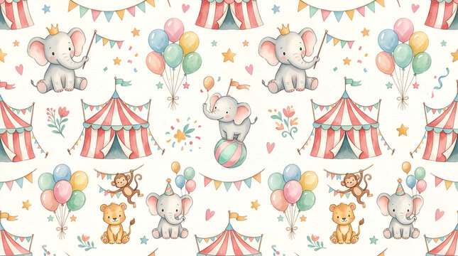 Watercolor Cute Circus Animals Seamless Pattern for Kids Nursery