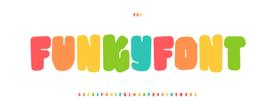 Funky Font Bold Rainbow Color Alphabet Fun Kid Letter Set Playful Typography. Creative Art typographic Design for Bright Colorful Text, Kids Happy Birthday Title. Cartoon Fonts. Vector Typeface