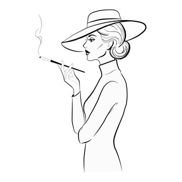 Elegant Vintage Woman with Hat Smoking Cigarette Holder Line Art Vector Illustration
