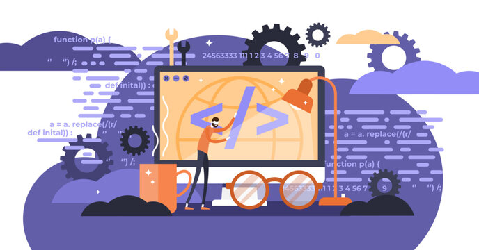Programming illustration, transparent background.Flat tiny person concept with IT computer.Application, software or web page coding process.
