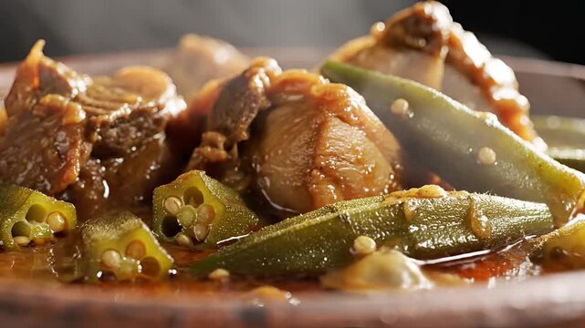 Delicious Steaming Okra and Meat Stew Close Up.