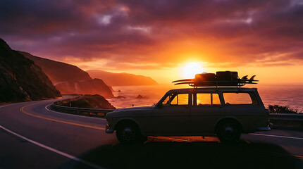Fototapeta premium Vintage station wagon with surfboards on roof driving along coastal highway at sunset