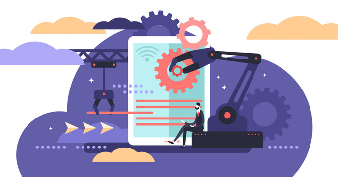 Automation illustration, transparent background. Flat tiny machine line work person concept. Robot machinery equipment to control modern and futuristic arm process.