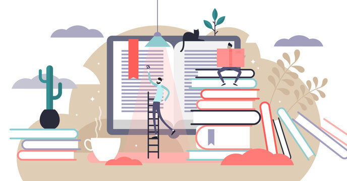 Reading illustration, transparent background. Flat tiny paper book text study persons concept. Abstract knowledge and wisdom expansion from library learning. Information documents and encyclopedia.
