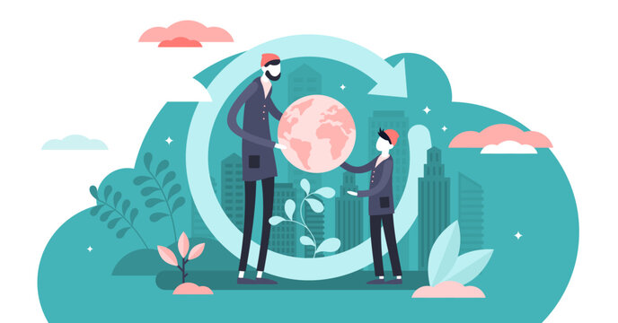 Generation change illustration, transparent background. Power evolution in tiny persons concept. Give world heritage and legacy to youth. New responsibility about planet.