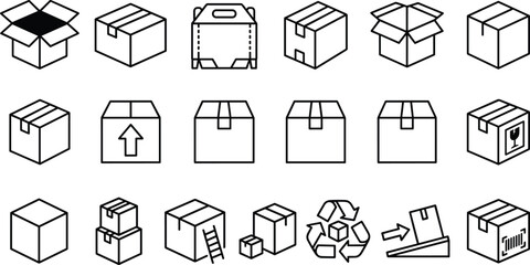 Fototapeta premium Cardboard Box Outline Icons Set with Open Closed Shipping Recycling Barcode and Storage Vector Illustration