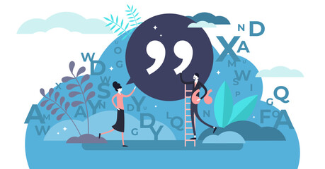 Naklejka premium Quote illustration, transparent background. Flat tiny punctuation quotation mark persons concept. Abstract inverted pair commas sign in writing system for direct speech or phrase.