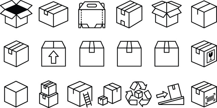 Cardboard Box Outline Icons Set with Open Closed Shipping Recycling Barcode and Storage Vector Illustration