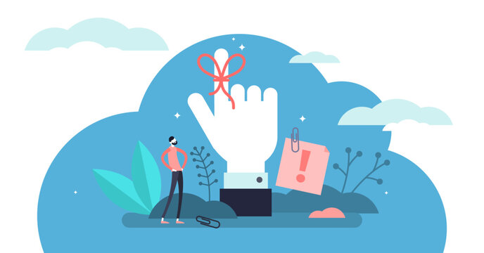 Reminder illustration, transparent background. Flat tiny string around finger person concept. Creative method to remember meeting or event. Symbolic memory strategy with bow and knot.