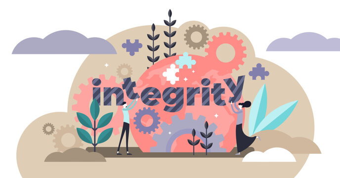 Integrity illustration, transparent background. Flat tiny honest persons character concept. Together partnership holds word text. Ethical behavior and values definition visualization.