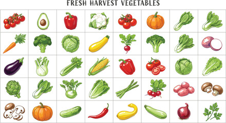 Obraz premium Fresh Harvest Vegetables Collection Chart with Tomato Broccoli Corn Pepper Eggplant and Mushroom Vector Illustration