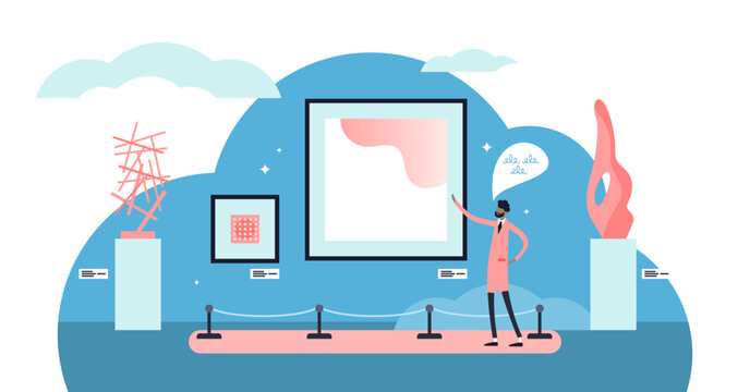 Art exhibition illustration, transparent background. Flat tiny culture view persons concept. Artist performance presentation in modern gallery with urban and modern decoration style.