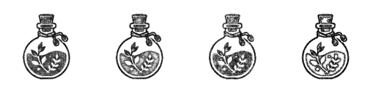 Sketch herbal alchemy bottle icon design set