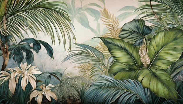 vintage jungle wall mural photo wallpaper with graceful leaves tropical forest vintage background graphics painting art card poster print interior generative ai