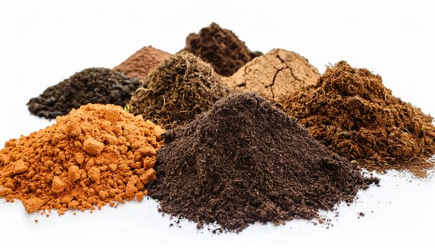 different types of compost and soil materials displayed on a white background suitable for gardening activities and landscaping work