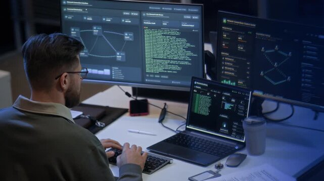 Stab shot of adult Caucasian cybersecurity engineer developing on computers with programming codes while sitting at table in network office