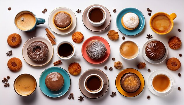 delicious treats and coffee cups in a colorful pattern on a white background