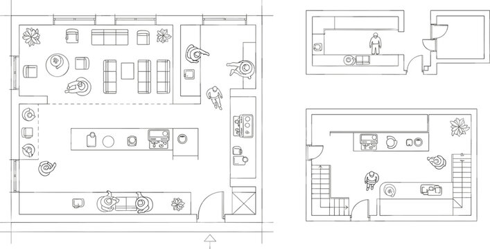 Detailed Architectural Floor Plan Vector Featuring Cafe Layout with Service Counter Seating Areas and Kitchen Equipment in Top View Outline Style