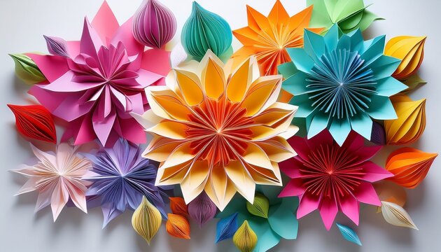 colorful origami flowers in various shapes and sizes on a white background create a playful design for crafts and decoration