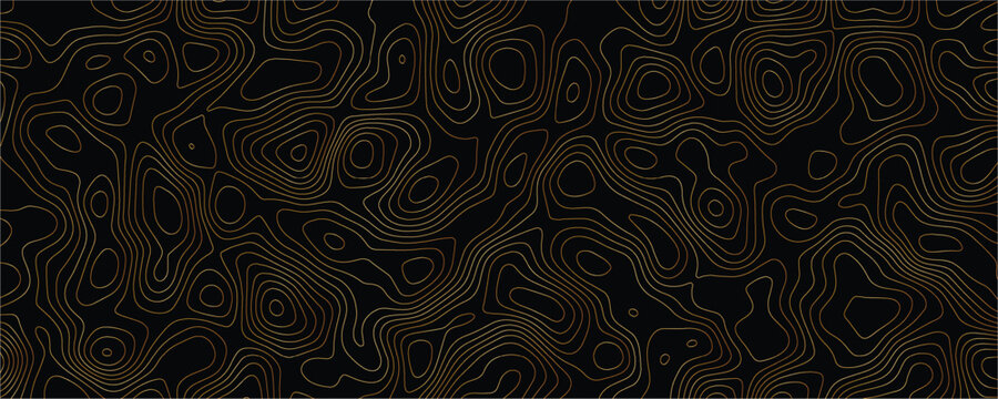 Topographic map pattern with thin bronze contour lines on a solid black background featuring flowing organic shapes and concentric circles representing elevation data in a repeating texture