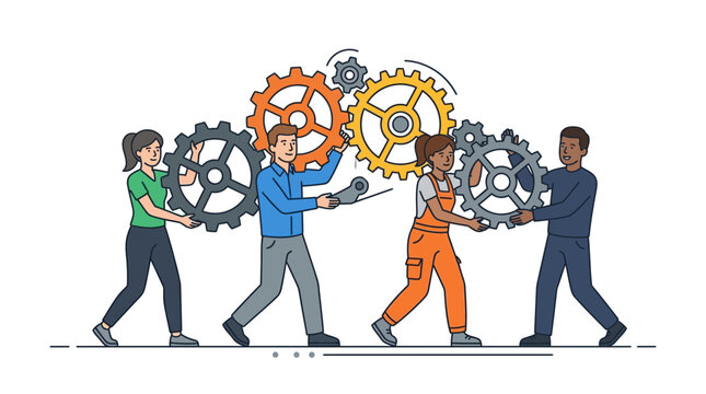 Diverse group of professional workers assembling mechanical gears together as a team.
