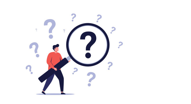 Man holding giant magnifying glass surrounded by question marks representing investigation searching for answers and curiosity.
