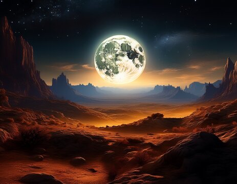 moonscape with a bright moon rising over a desolate textured landscape