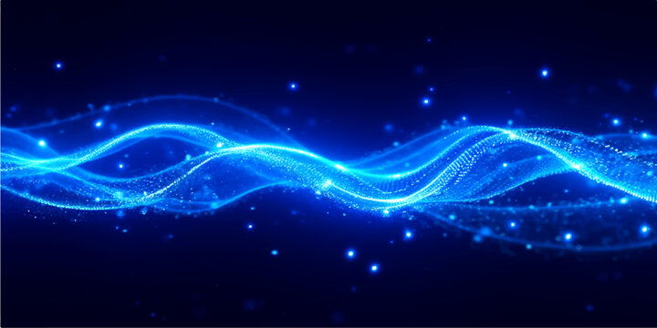 A futuristic digital wallpaper featuring a glowing blue fractal wave of energy and bright stars that flow through a dark space illustration with motion effect
