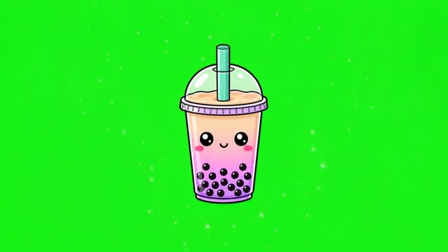Cute Boba Milk Tea Cup Floating with Sparkles Green Screen Animation Refreshing Beverage Asset