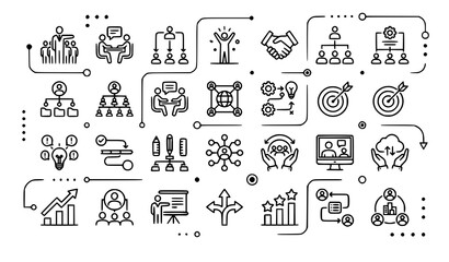 Fototapeta premium Business Leadership and Teamwork Line Icons Set Featuring Collaboration Organization Communication Strategy and Corporate Growth
