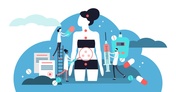 Endocrinology illustration, transparent background. Tiny hormones diseases persons concept. Abstract medicine and biology endocrine system branch. Behavioral or comparative treatment research.