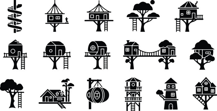 Treehouse silhouette icons, vector illustration, creative elevated dwellings, rope bridges, ladders, platforms, architectural design, imaginative structures, black graphic artwork